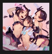 3girls :d absurdres animal_ears armpits ass bare_shoulders black_eyes black_gloves black_hair black_skirt blush border cameltoe commentary_request demon_girl demon_tail dildo elbow_gloves fake_animal_ears flat_chest gloves hair_ornament hairband highres holding holding_sex_toy loli long_hair looking_at_viewer miyu_(tiny_evil) muk_(monsieur) multiple_girls navel nipples one_eye_closed open_mouth panties pink_panties rabbit_ears revealing_clothes sana_(tiny_evil) sex_toy short_hair shoulder_blades skirt smile tail thighhighs tiny_evil tongue tongue_out underwear v white_gloves white_panties yuu_(tiny_evil) rating:q score:35 post #6100769