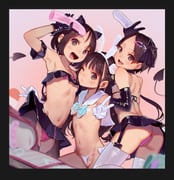 3girls :d absurdres animal_ears armpits ass bare_shoulders black_eyes black_hair black_skirt blush border cameltoe censored commentary_request demon_girl demon_tail dildo elbow_gloves fake_animal_ears flat_chest gloves hair_ornament hairband heart heart_censor highres holding holding_sex_toy loli long_hair looking_at_viewer miyu_(tiny_evil) muk_(monsieur) multiple_girls navel nipples one_eye_closed open_mouth panties pink_panties rabbit_ears revealing_clothes sana_(tiny_evil) sex_toy short_hair shoulder_blades skirt smile tail thighhighs tiny_evil tongue tongue_out underwear v white_gloves white_panties yuu_(tiny_evil) rating:q score:34 post #6100770